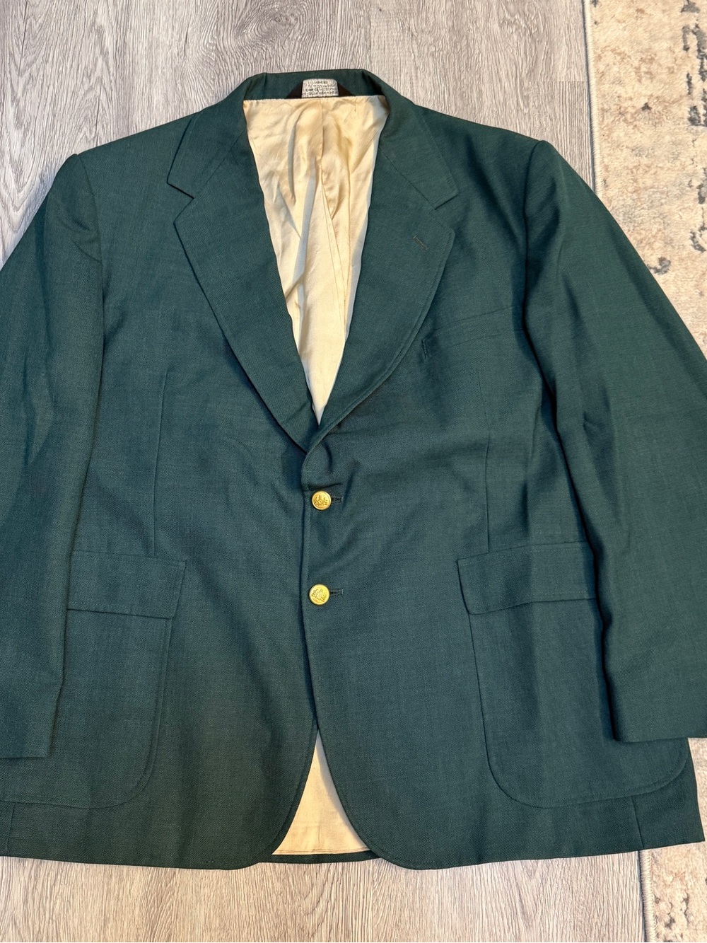 Vtg Stafford USA Made 48R Master's Green Gold Button Wool Hopsack Portly Blazer